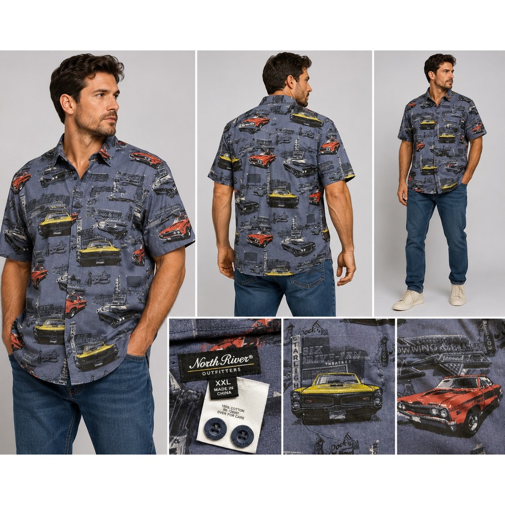 North River Outfitters Mens XXL Classic Cars Button Up Shirt Drive In Novelty 2X